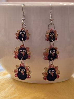 Adorable 3-Tier, Sparkly Turkey Dangle Stud Earrings — Festive Fall Jewelry